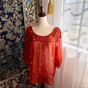 Lauren Conrad Burnt Orange / Rust Dainty Floral Print Sheer Blouse
